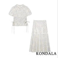 KONDALA Chic Embroidery Plaid Skirt Set Women Trendy 2026 Spring Summer Holidays Casual Set Puff Sleeve Shirts, A-Line Skirts