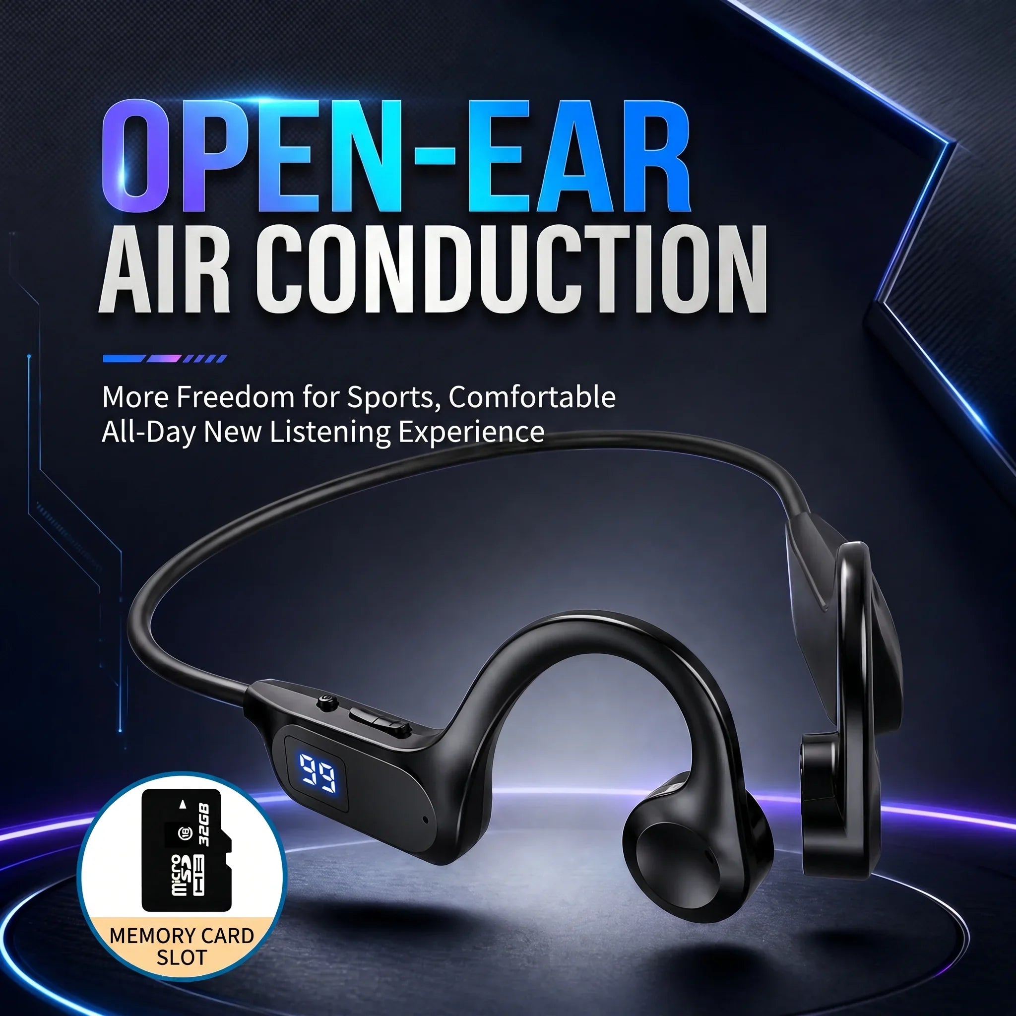 X7 Wireless Sports Earhook-Style Non-In-Ear Air Conductive Bluetooth Headset with Memory Card Insertion and LED Battery Display