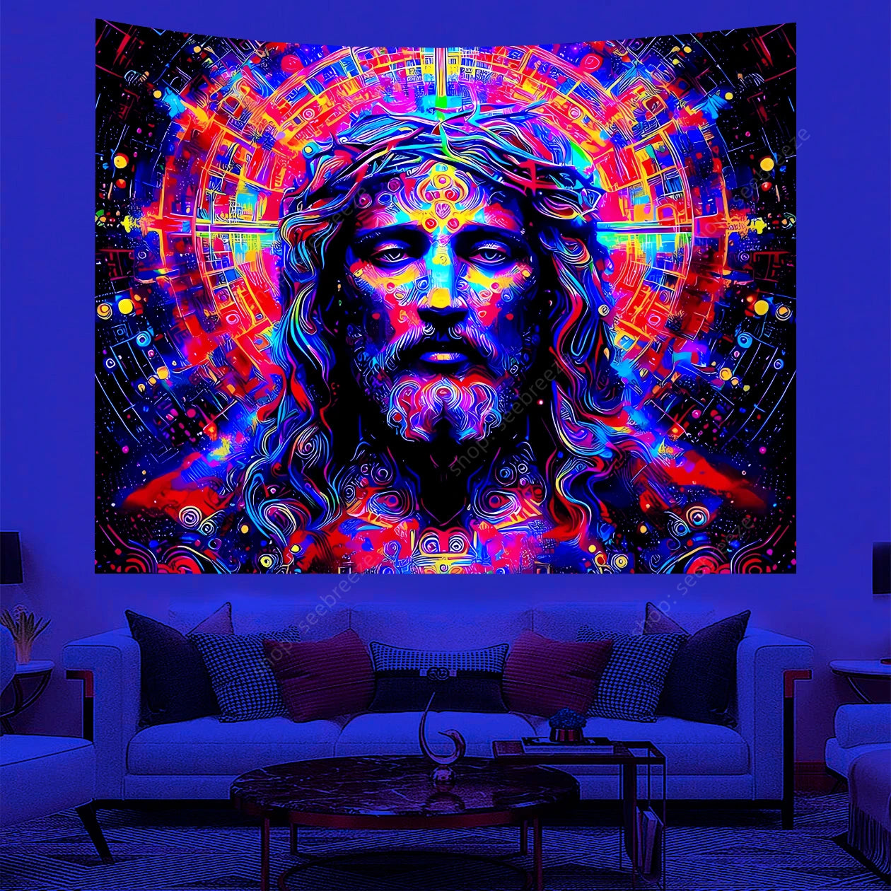 Jesus UV Reactive Wall Tapestry Psychedelic Geometric Neon Background for Bedroom Aesthetic Sofa Blanket Yoga Mat Home Decor
