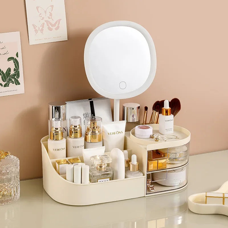 Makeup Organizer with Rechargeable Makeup Mirror Skincare Cosmetics Organizer Countertop Large Capacity Cosmetic Display Case