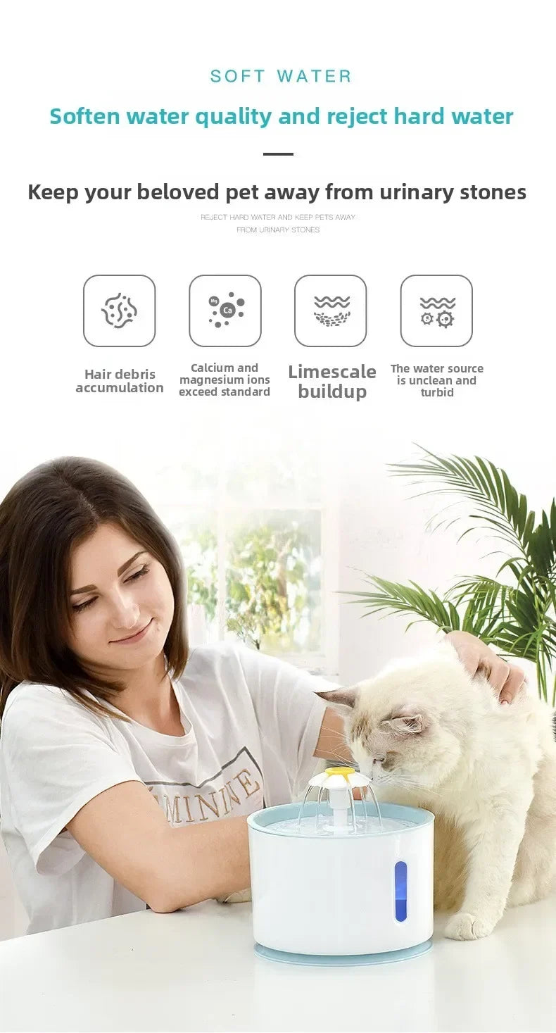 Pet Water Fountain Quiet Pump Visible Water Level 4-Layer Filter Flower Nozzle Cat Dispenser Drinking Bowl Cats Small Dogs Home
