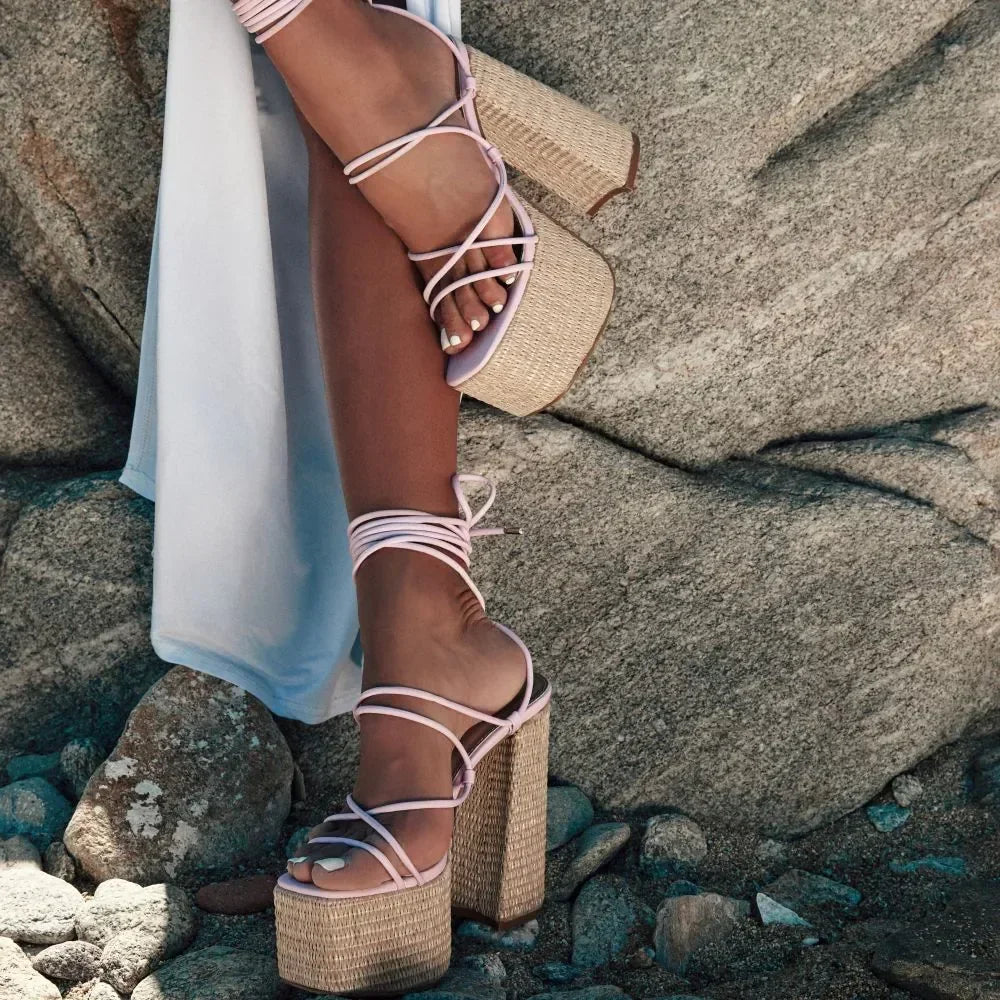 Woven Platform Lace Up Strappy Sandals Block Heel Open Toe Solid Color Sexy Roman Style Women Shoes Summer 2026 New Arrivals