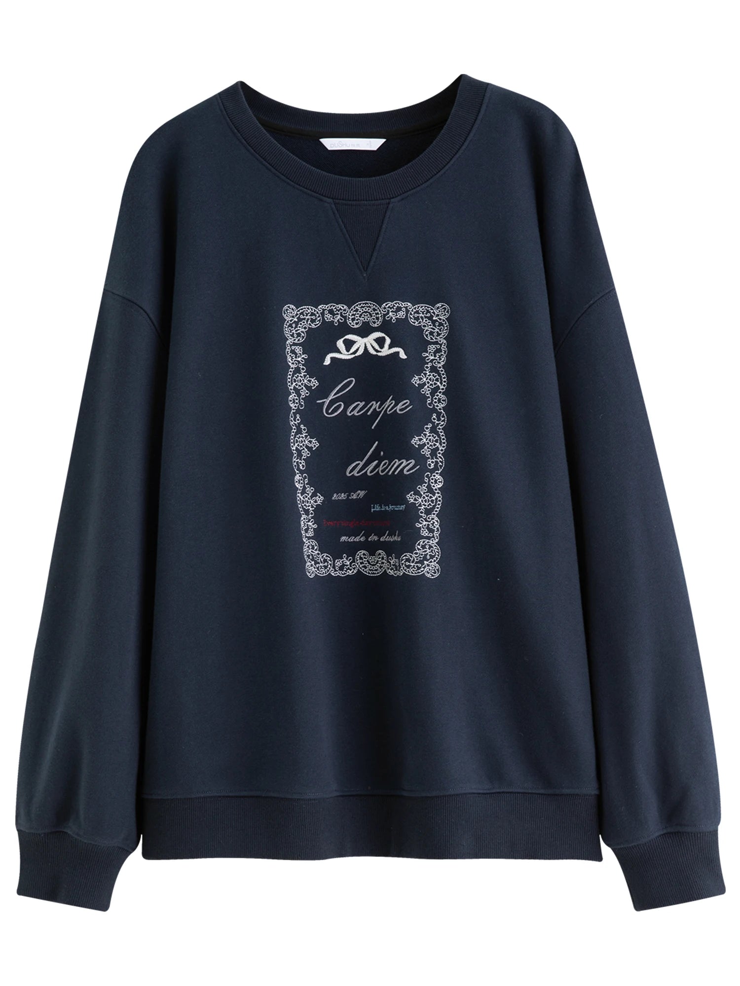 DUSHU Autumn Winter 2025 Women's Retro Embroidered Oversized Sweatshirt - Long Sleeve Round Neck Casual Pullover Streetwear Top