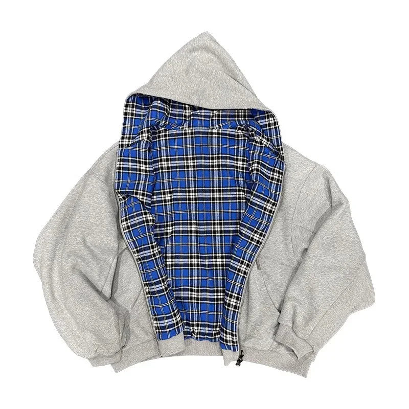 Oversized Reversible Hoodies Men Street Casual Spring Clothes Hoodie with Plaid Lining Solid Color Sweatshirt Streetwear