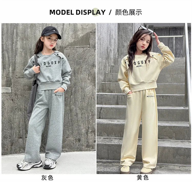 2025 teenager Gray girls Sport Suit winter spring Clothes Long Sleeve sweatshirt & wide leg Pant Casual 4 8 10 11 12 Years