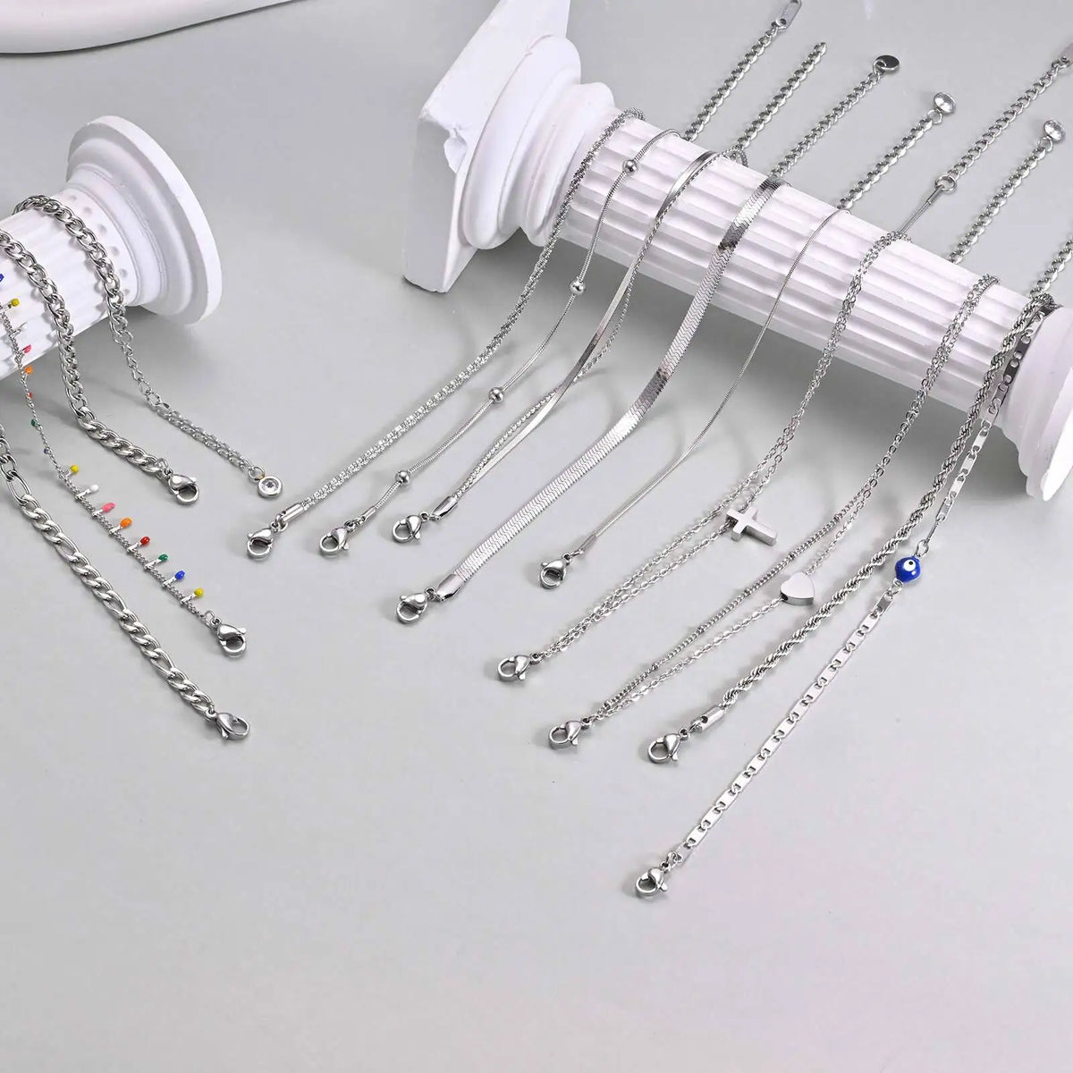 Silver Color Anklet Bracelets for Women Waterproof, Stainless Steel Layered Cuban Chain Herringbone Anklets Summer Beach Gift