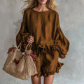 Bohemian Casual Vacation Outfits Woman Elegant O Neck Ruffle Hem Top And Beach Shorts Set Spring Solid Loose Fit Streetwear Suit
