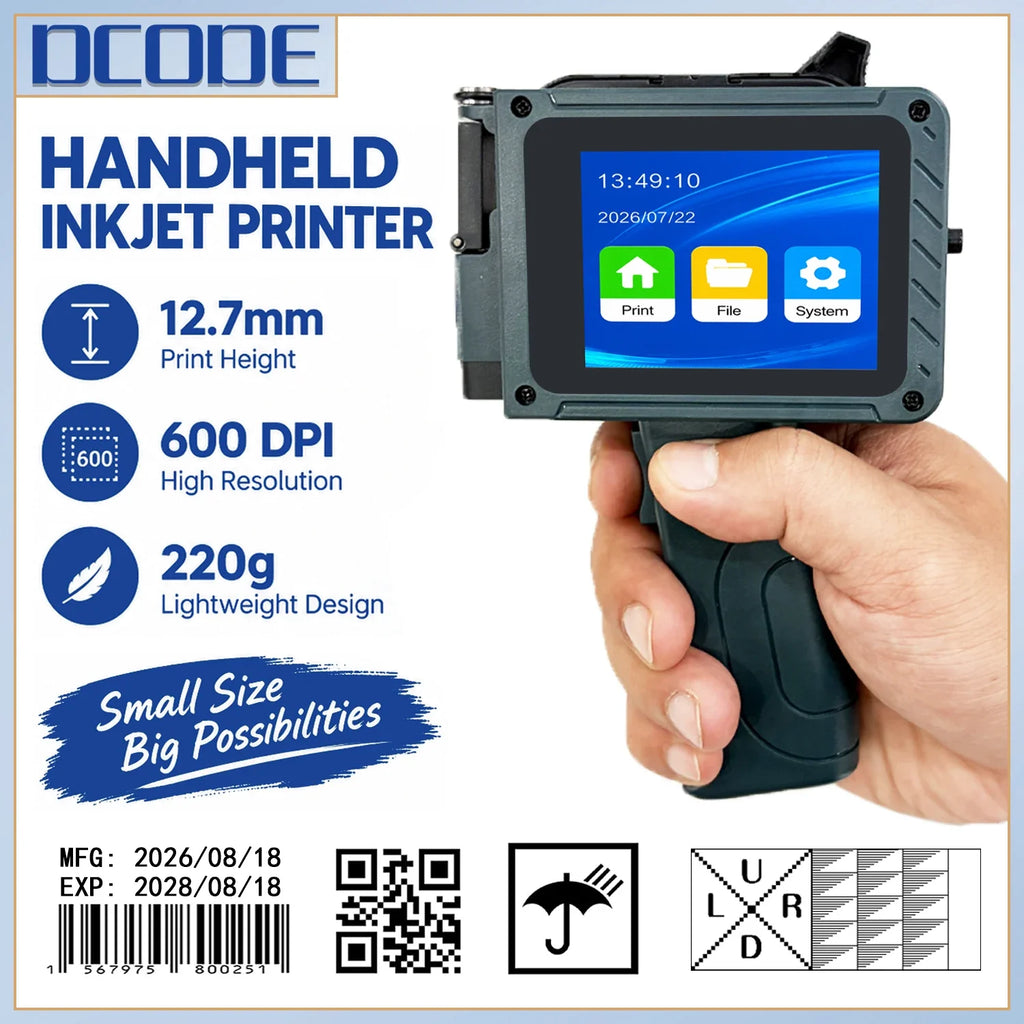 DCODE DC15 12.7mm Portable Handheld Inkjet Printer Lightweight Coding Machine Logo QR Barcode Text Image Date Handheld Printer