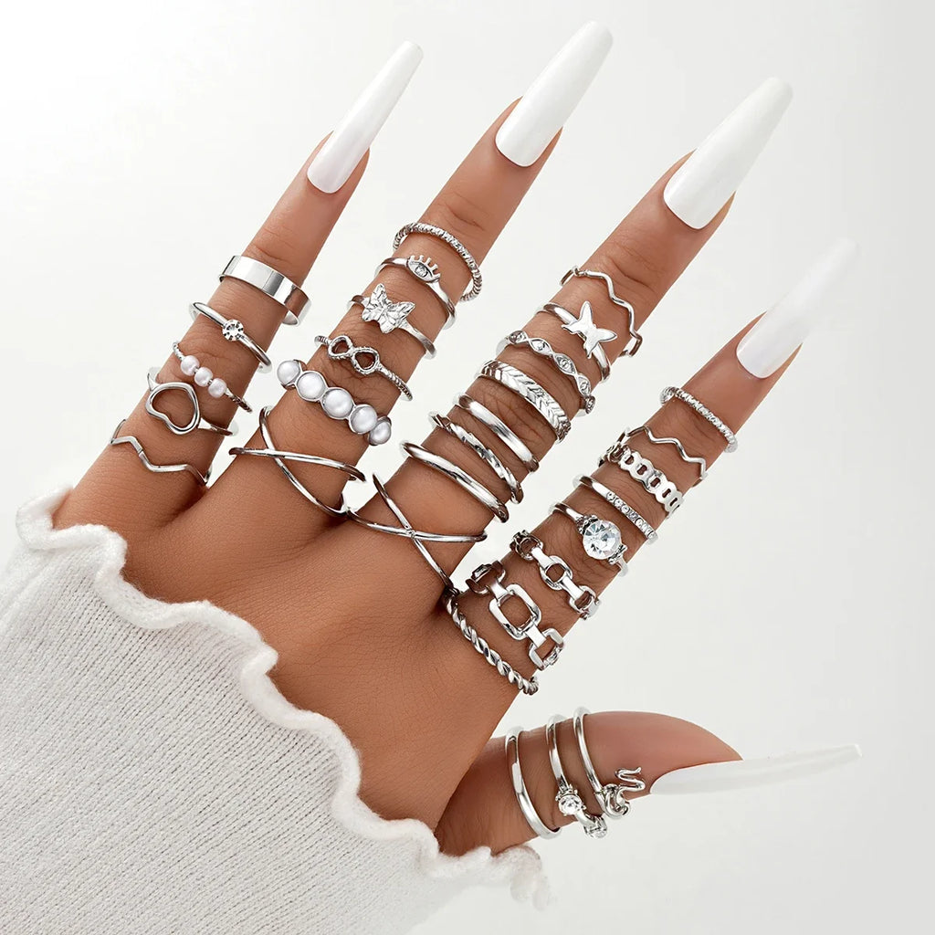 58PCS Vintage Heart Snake Butterfly Rings Set for Women Fashion Metal Gold Plated Geometric Hollow Finger Ring Jewelry Gifts New