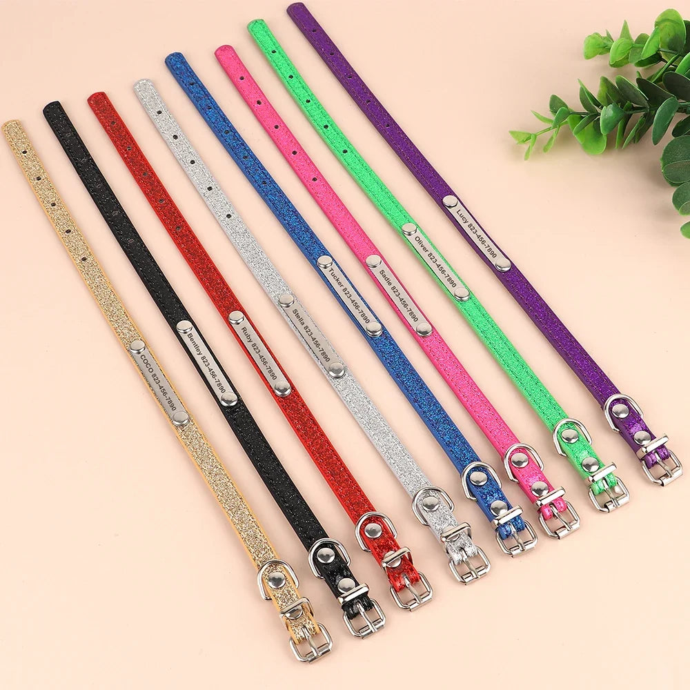 Personalized Cat Collar Custom Leather Cat Collars Free Engraved Puppy Kitten ID Necklace Bling Pet Collars for Small Dogs Cats