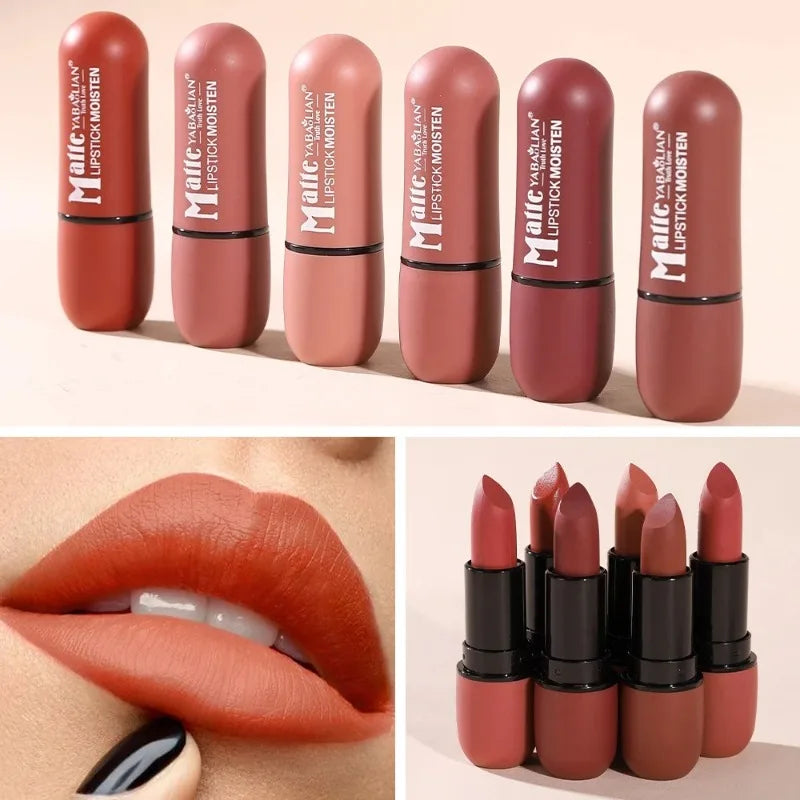 6-Color Matte Velvet Sexy Lipstick Waterproof Long-Lasting Nude Brown Lipstick Smooth High Pigment Profissional Lipgloss Makeup