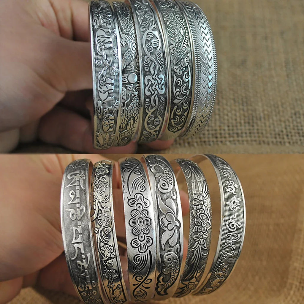 New Retro Cuff Bracelets Tibetan Silver Metal Carving Fish Elephant Flower Bangles Vintage Gypsy Jewelry Female Gifts