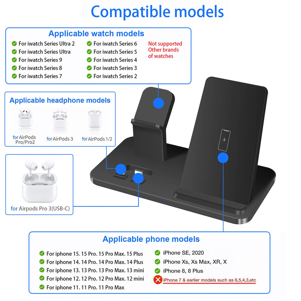 3 In 1 Wireless Charger Stand Pad for iPhone 16 15 14 13 12 Pro Max Airpods Pro 2 3 iWatch 10 9 8 7 6 Fast Charging Dock Station