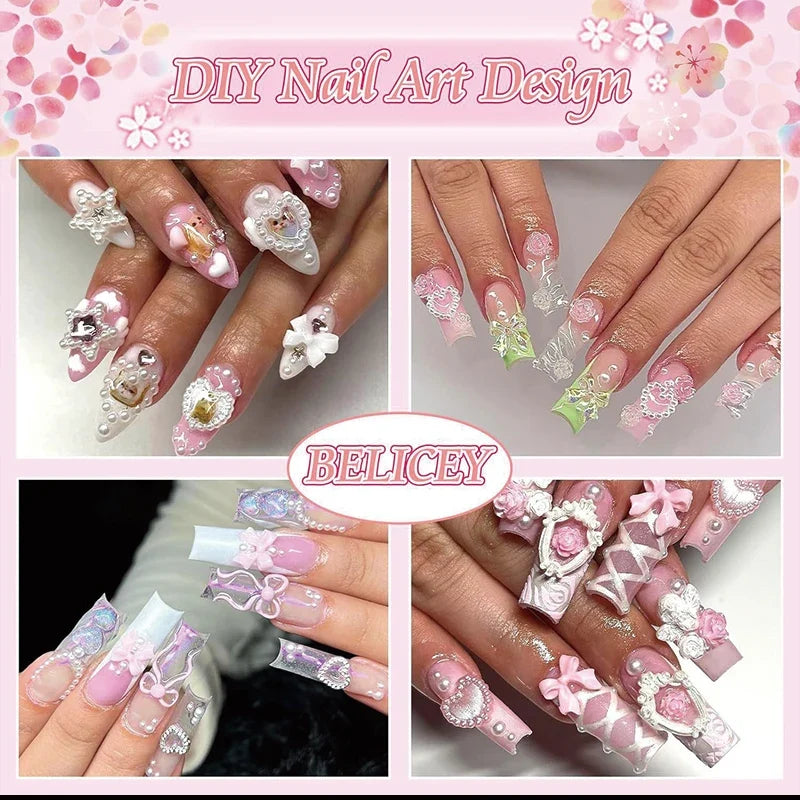 24-Piece 3D Y2K Millennial Nail Art Decoration Set, Assorted Rhinestones, Pearls, Butterfly, Heart & Flower DIY Nail Charms