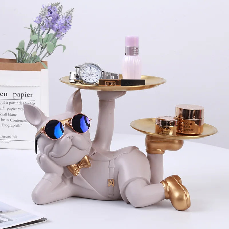 Resin Bulldog Desktop Storage Statue Animal Sculpture Dining Table Decor Multi Functional Office Home Decoration Tray Decor