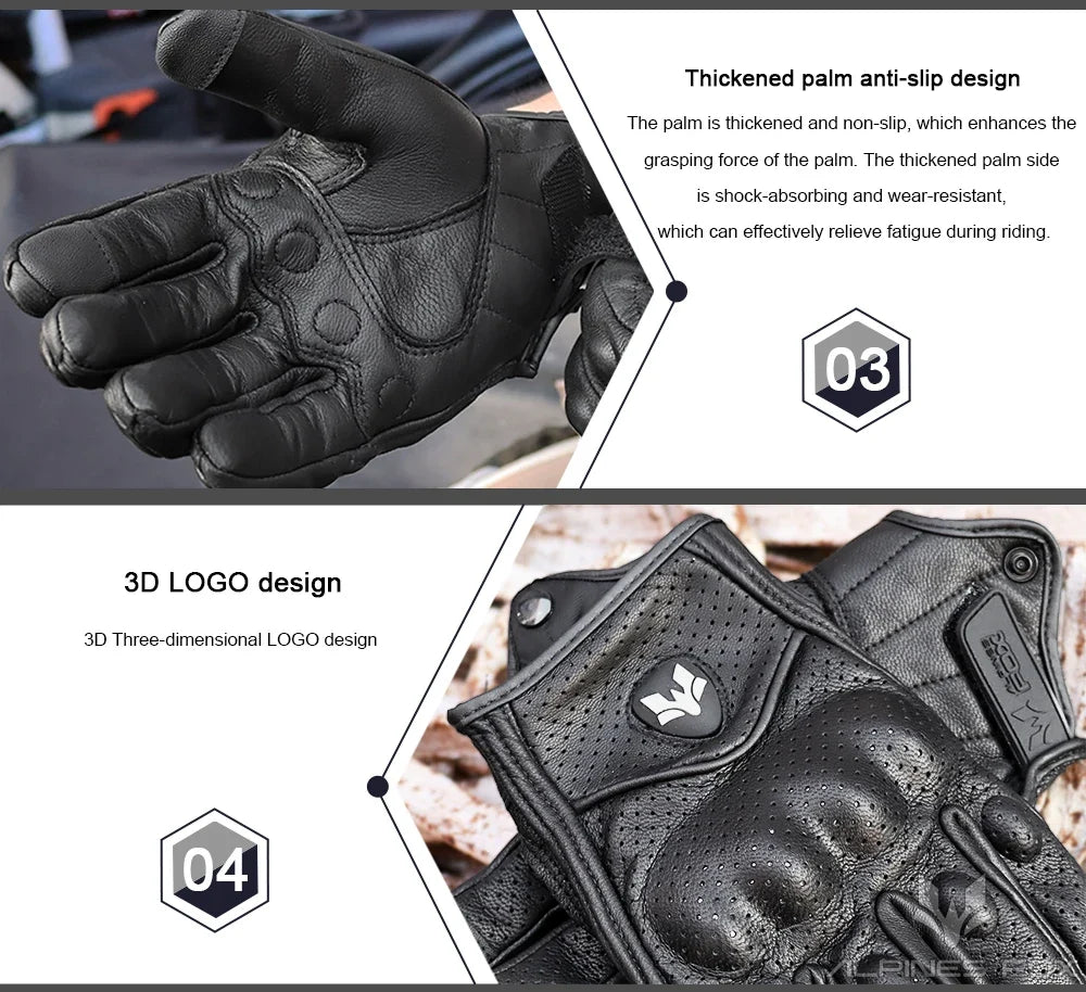 2023 Summer New Vintage Leather Motorcycle Gloves Men Black Wear-resistant Guantes Touchscreen Anti-slip Retro Motobiker Luvas