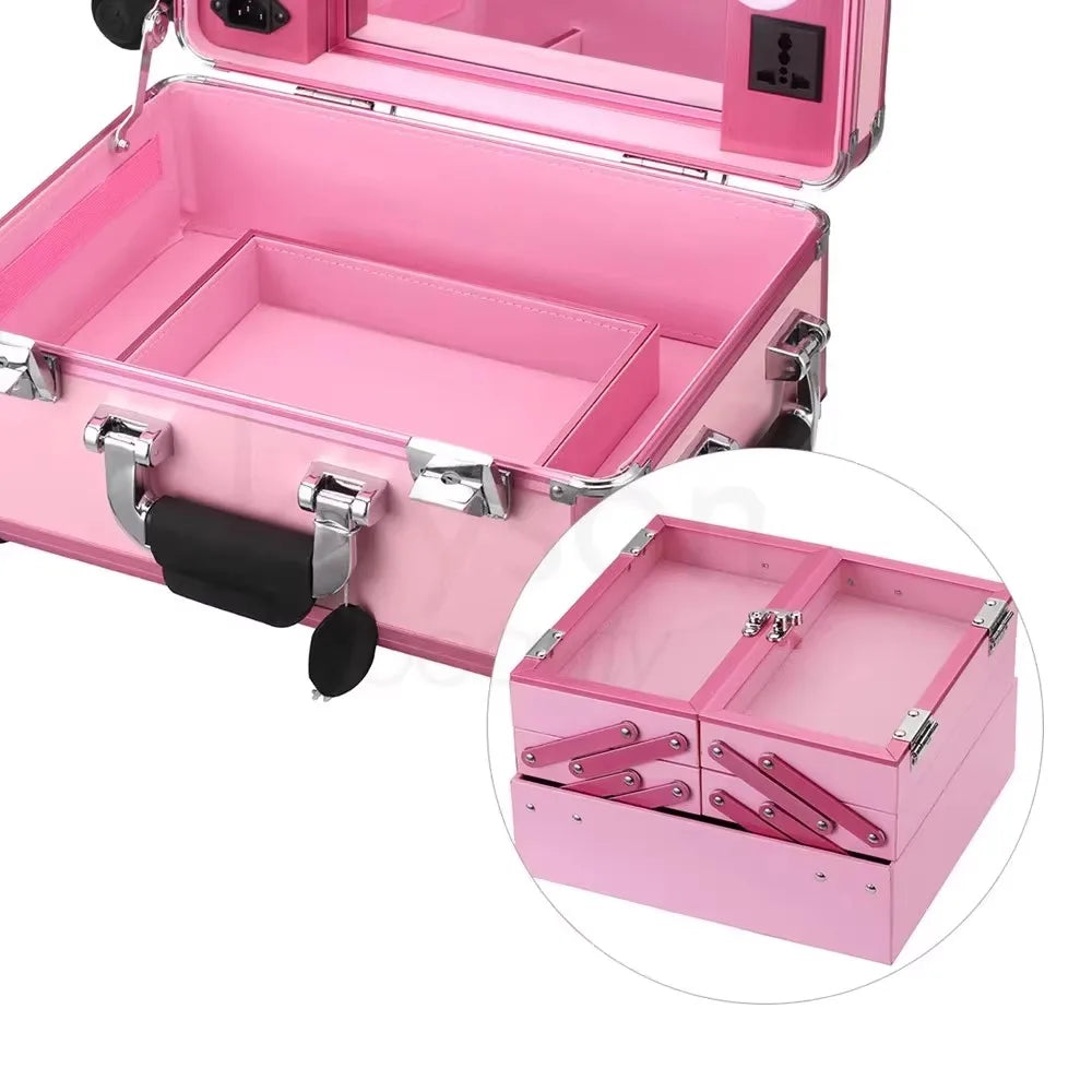 Professional Makeup Case for Makeup Artist Suitcase 16" Makeup Bag Trolley Mirror Lights Cosmetics Storage Box Rolling Luggage