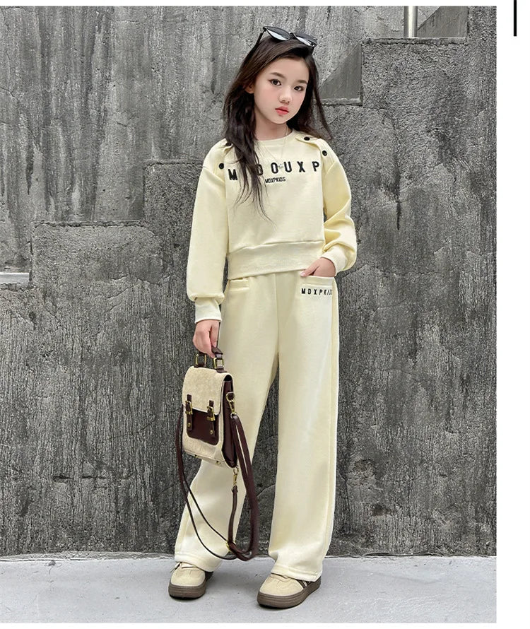 2025 teenager Gray girls Sport Suit winter spring Clothes Long Sleeve sweatshirt & wide leg Pant Casual 4 8 10 11 12 Years
