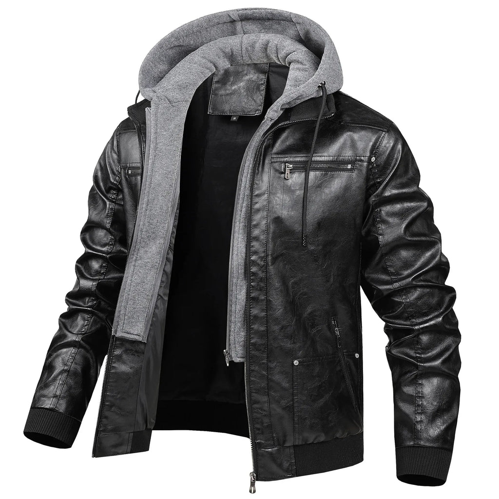 US Size Luxury Quality PU Jacket Men New Winter Faux Two-Piece Hooded Leather Jacket Casual Coat