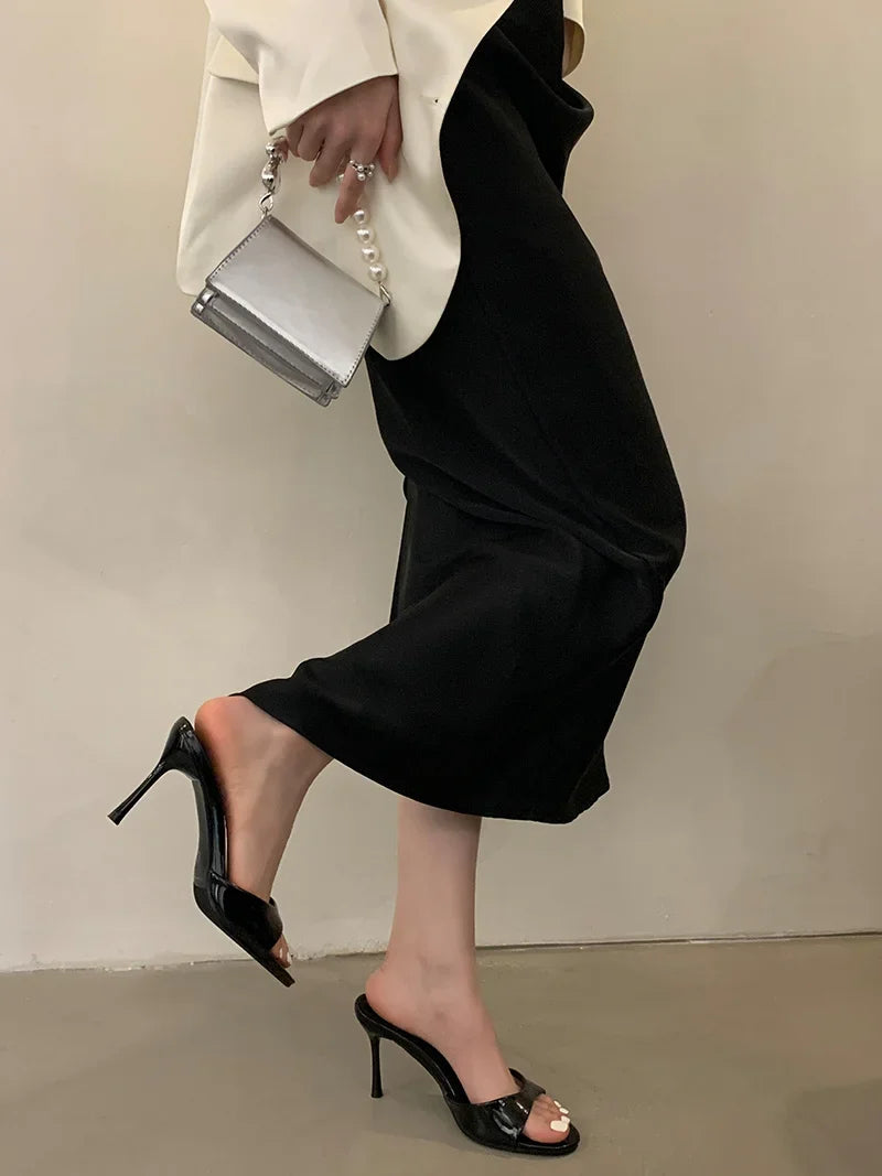 Liyke Wine Red Patent Leather Women Slippers Sandals Fashion Round Open Toe Thin High Heels Mules Slides Summer Party Dress Shoe