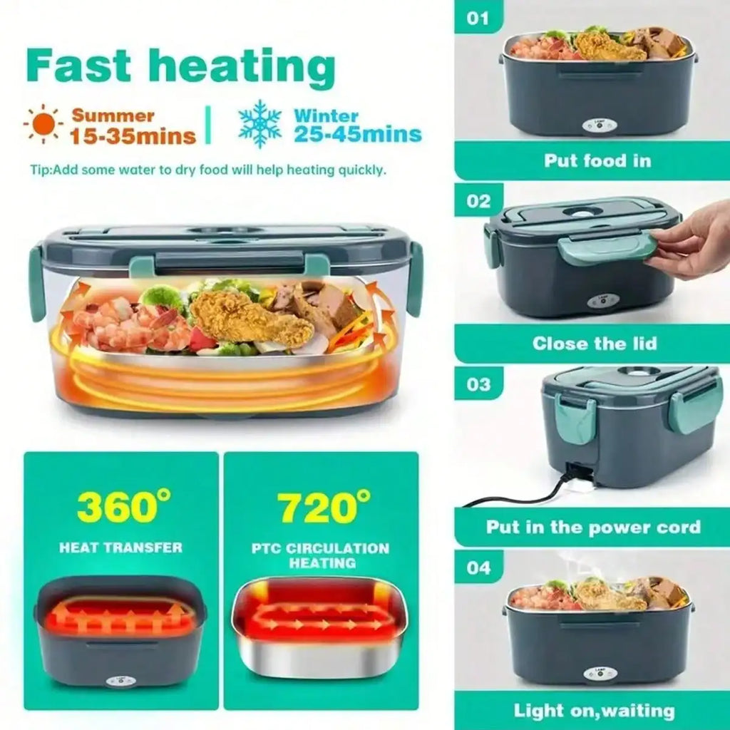 Electric Heating Lunch Box; 1.5L 304 Stainless Steel Dual Compartment Food Warmer, 12V Car Use, Portable Heated Bento Box With Fork, Spoon & Insulated Bag, Viral Must-Have For Office, Travel & Road Trips, Perfect Gift For Commuters, Drivers