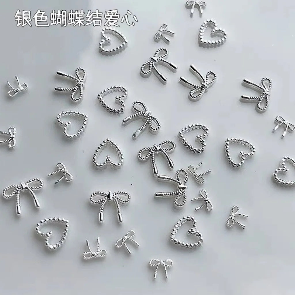 2Sizes Bowtie Love Nail Parts Nail Charms Korea Mini Silver Ribbon Bow tie Alloy Nail Art Accessories 3D Luxury Nail Decorations