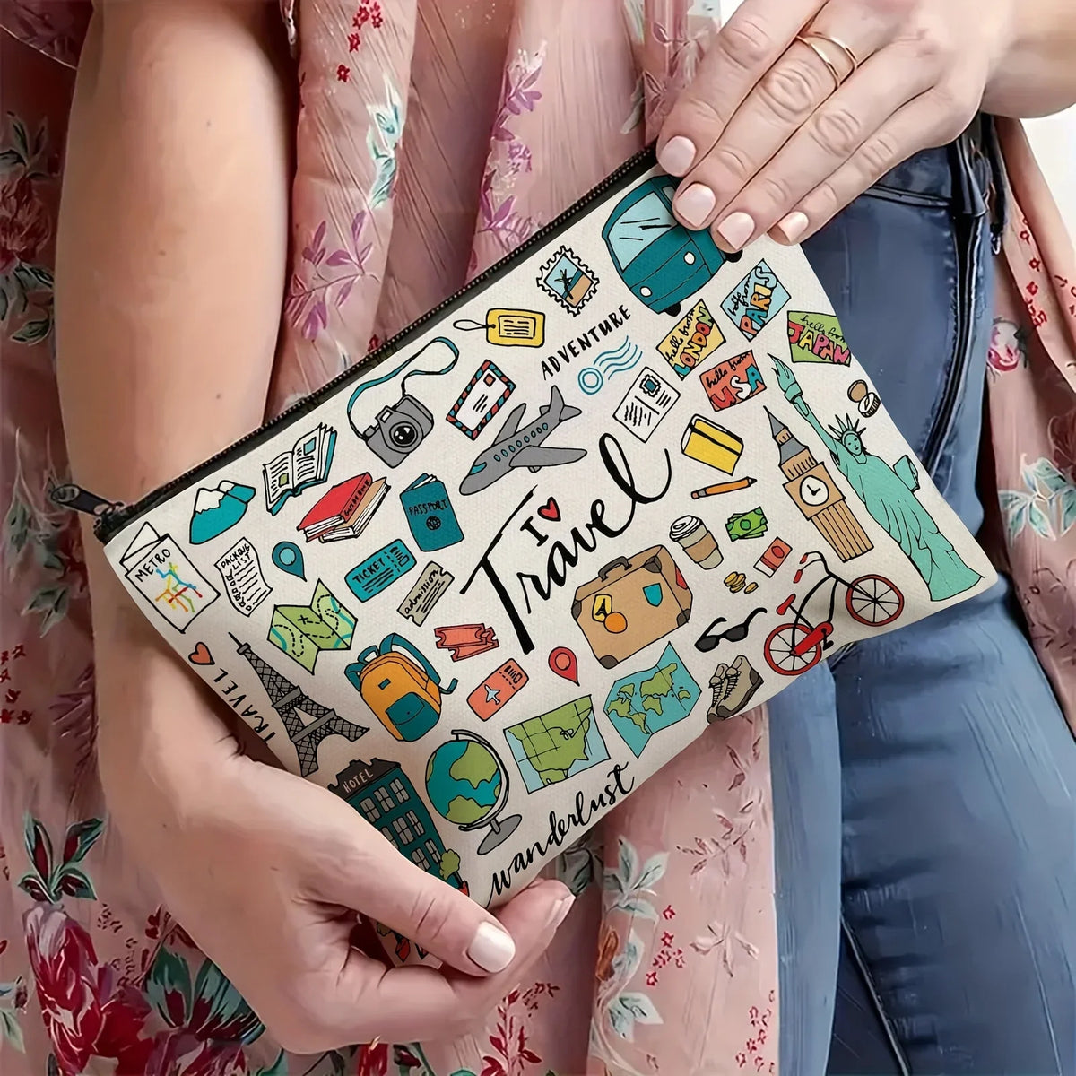 1 Travel-Themed Illustrated Makeup Bag - Multifunctional Zipper Pouch for Women, Jewelry Storage Bag, Perfect Travel Zipper Organizer, Fun Birthday Gift