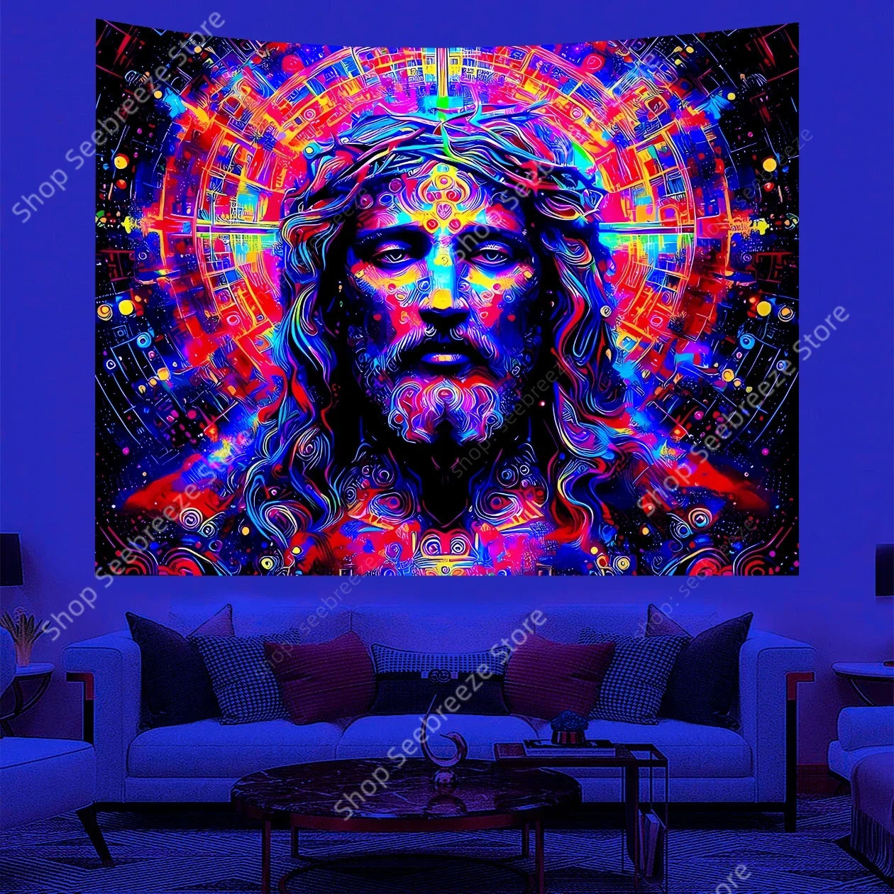 Jesus UV Reactive Wall Tapestry Psychedelic Geometric Neon Background for Bedroom Aesthetic Sofa Blanket Yoga Mat Home Decor
