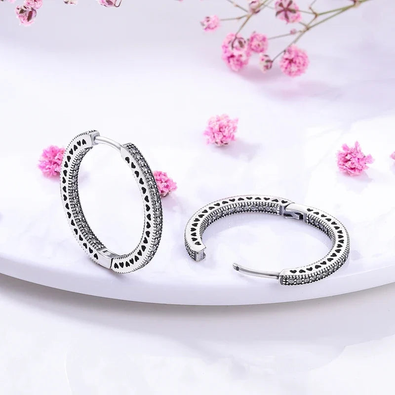 Genuine 925 Sterling Silver Love Feather Earrings Fit Original Charms Hoop For Women Girls Stud Earring Fine Jewelry Gifts