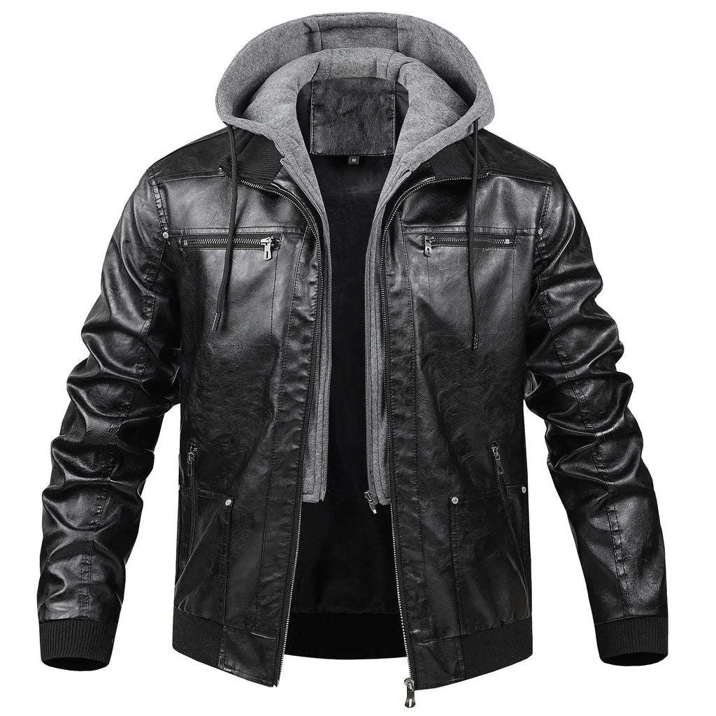 US Size Luxury Quality PU Jacket Men New Winter Faux Two-Piece Hooded Leather Jacket Casual Coat