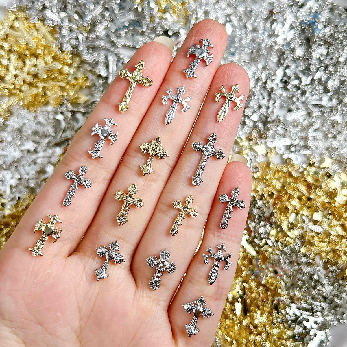 20PCS 3D Light Luxury Classic Cross Nail Charms Creative Exquisite Retro Alloy Cross Nail Art Decorations for DIY Cool Manicure