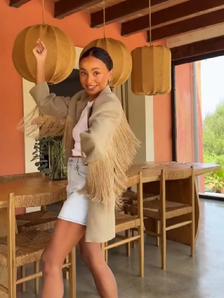 Retro Chic Lapel Blazer Jacket Women Trend Tassel Decor Long Sleeve Pocket Loose Casual Coat Lady Autumn New Street Outerwears