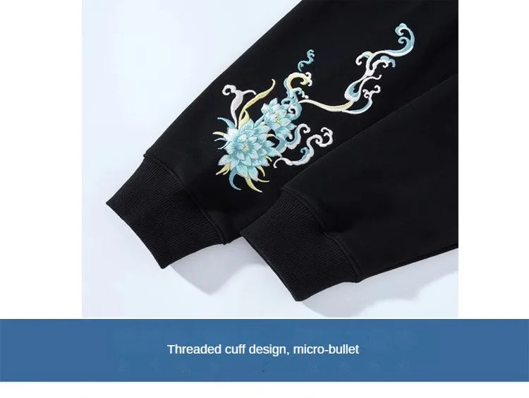 Vintage Hoodies Men Dragon Embroidery Hoodies Women Hip Hop Hooded Sweatshirt Chinese Streetwear Hoody Cotton Fleece Pullover