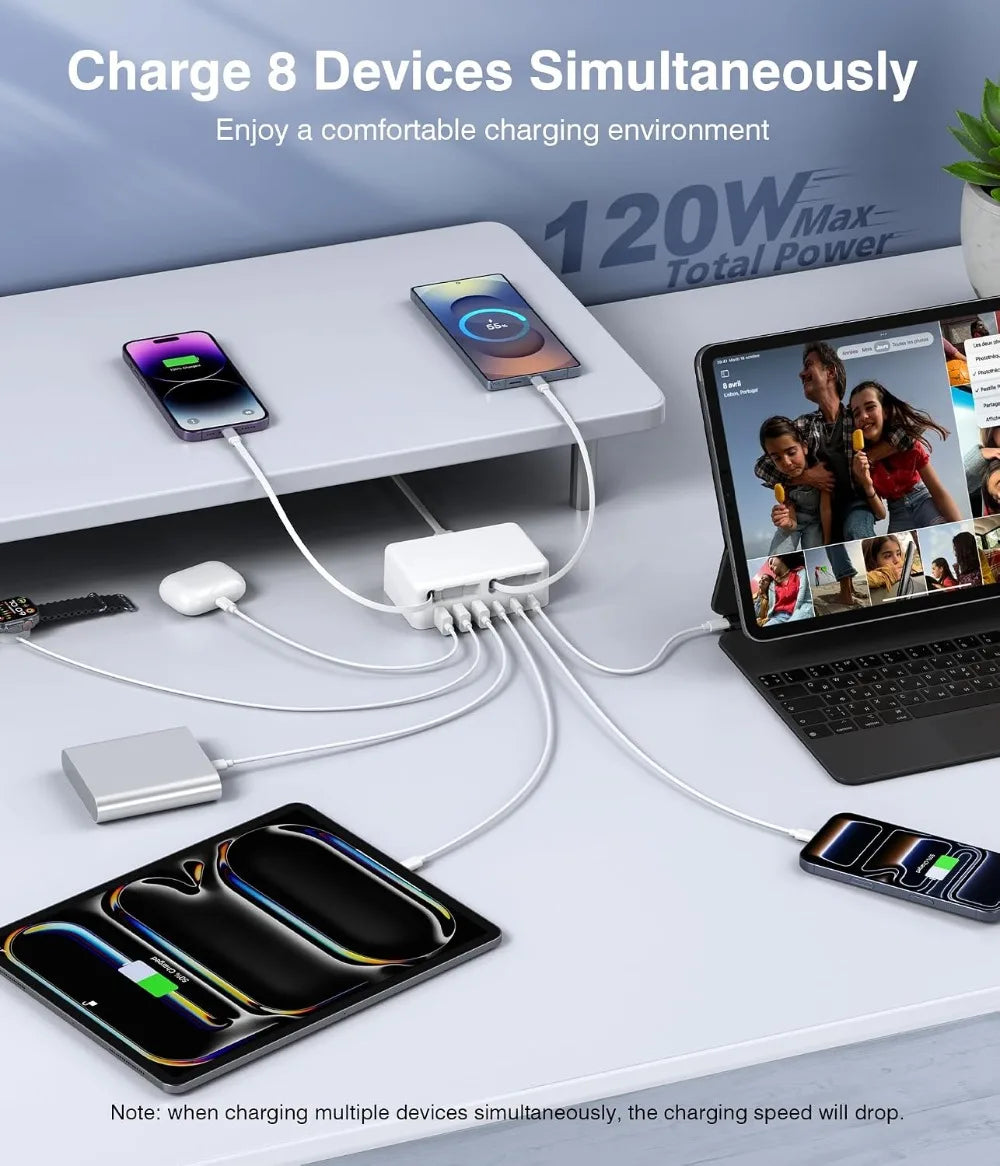120W GaN USB C Charger Block, 8-in-1 Retractable Travel Charging Station Hub with Lightening & Type C Cable, for iPhone iPad Galaxy