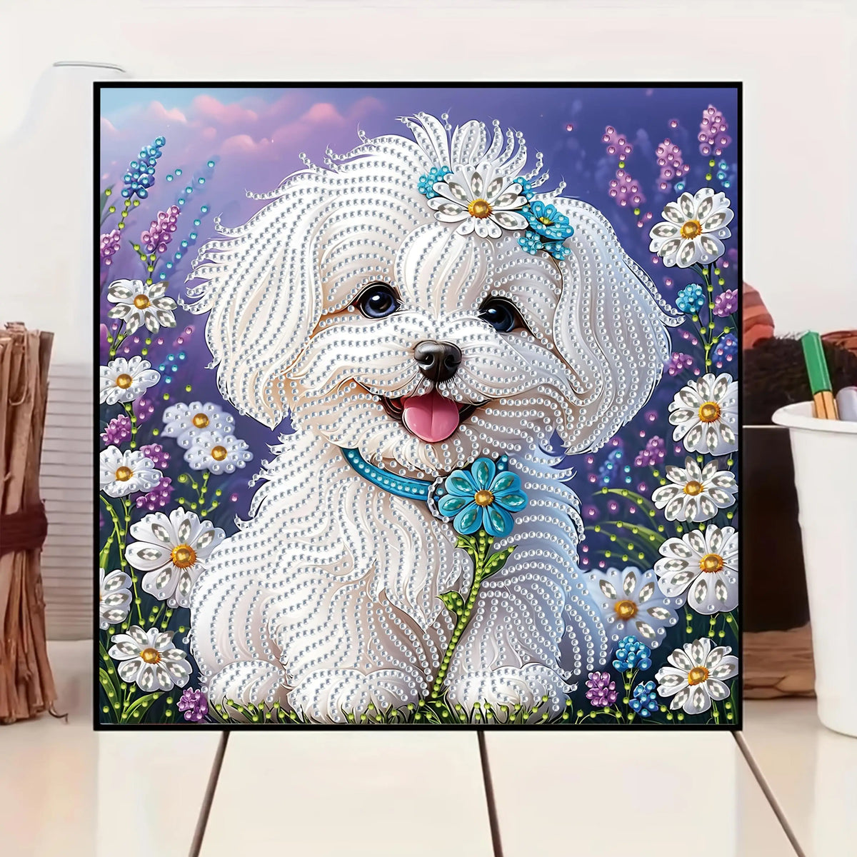 A set of "White Puppy Wearing Flowers" 5D Diamond Painting Kit, DIY handmade craft, partially adorned with irregular diamonds