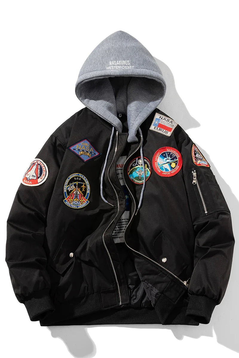 Autumn Winter Vintage Bomber Jacket Man Pilot Jacket Mens Military Letter American Thicken Coat Hooded Parkas Streetwear