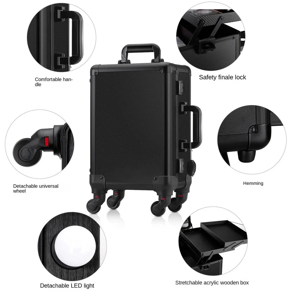 Professional Makeup Case for Makeup Artist Suitcase 16" Makeup Bag Trolley Mirror Lights Cosmetics Storage Box Rolling Luggage