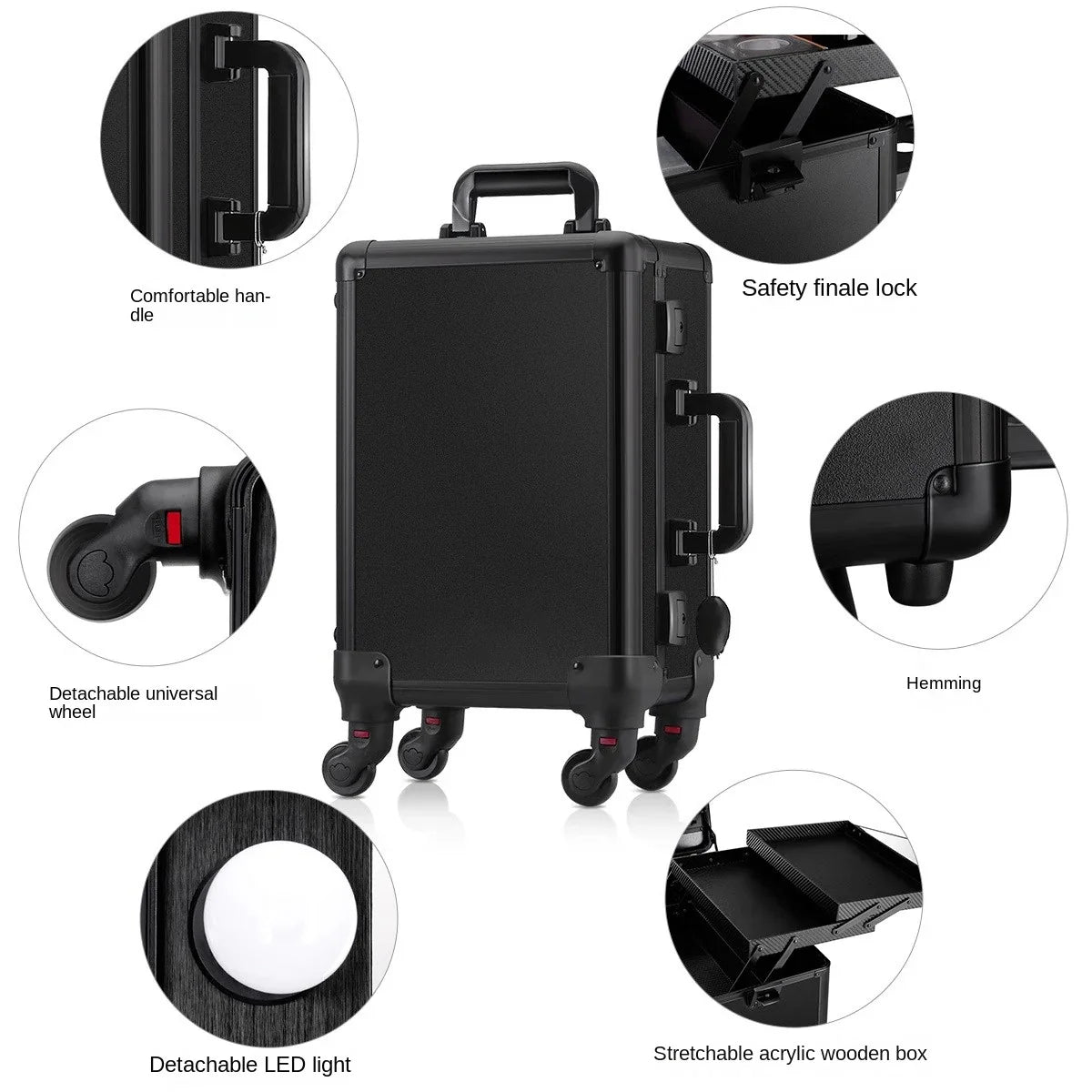 Professional Makeup Case for Makeup Artist Suitcase 16" Makeup Bag Trolley Mirror Lights Cosmetics Storage Box Rolling Luggage