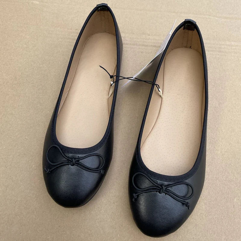2026 Spring Elegant Bowknot Ballet Flats Classic Shoe Round Toe Comfort Slip-On Ladies Fashion Loafers Leather Mules Shoes