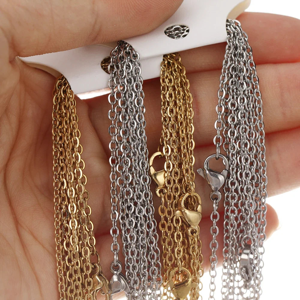 10pcs 50cm 2mm Gold Color Stainless Steel Link Chains Necklaces Fashion Jewelry Cuban Chains Wholesale Chain DIY Crafts Supplies