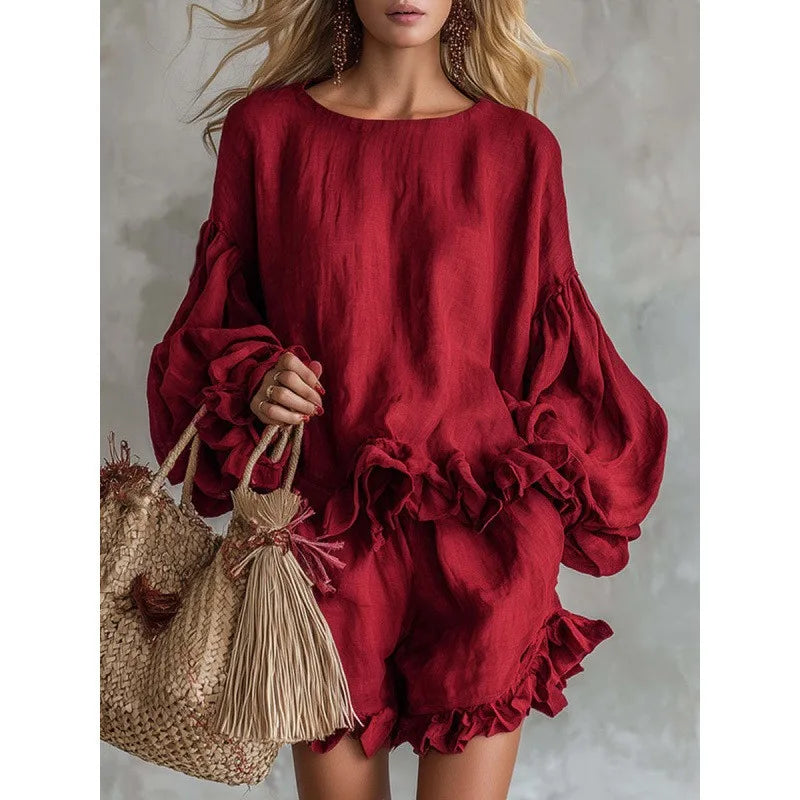 Women's Fashion Loose Lantern Sleeve Top & Ruffled Shorts Two-piece Set for Spring and Summer