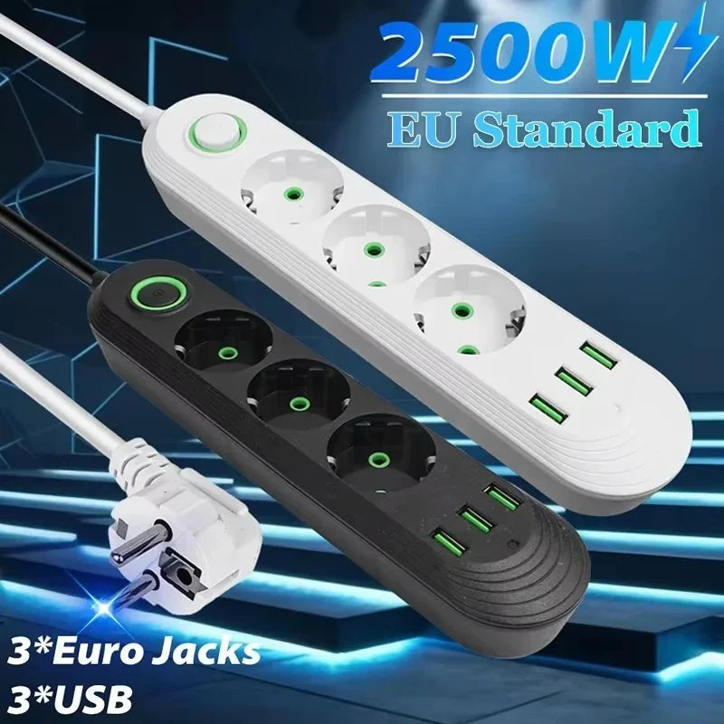 2500W EU Plug AC Outlet Multiprise Power Strip Extension Cord EU Socket Network Filter With USB Ports Charging 1pc