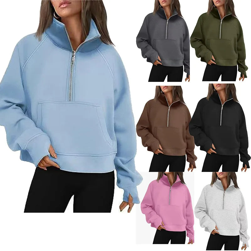 New Women's Spring Autumn Winter Stand Collar Plus Fleece Solid Color Hoodie Long Sleeve Pocket Loose Half Zip Pullover Hoodie