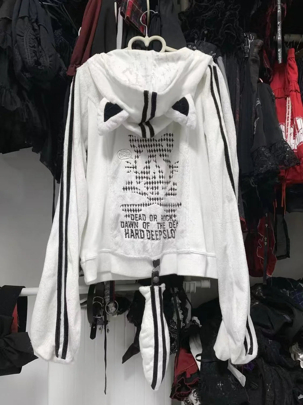 Y2k Spicy Girl Contrasting Striped Skeleton Raccoon Embroidered Hooded Sweatshirt Hip-hop Punk Style Autumn Pendant Loose Jacket