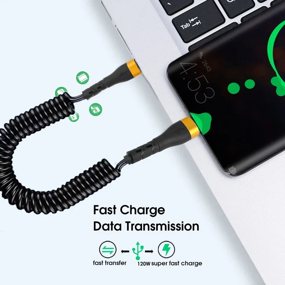Retractable 120W PD Fast Charging USB-C To USB-C Spring Cable,Compatible with IPhone 16/17,Xiaomi & Samsung Quick Charge Devices