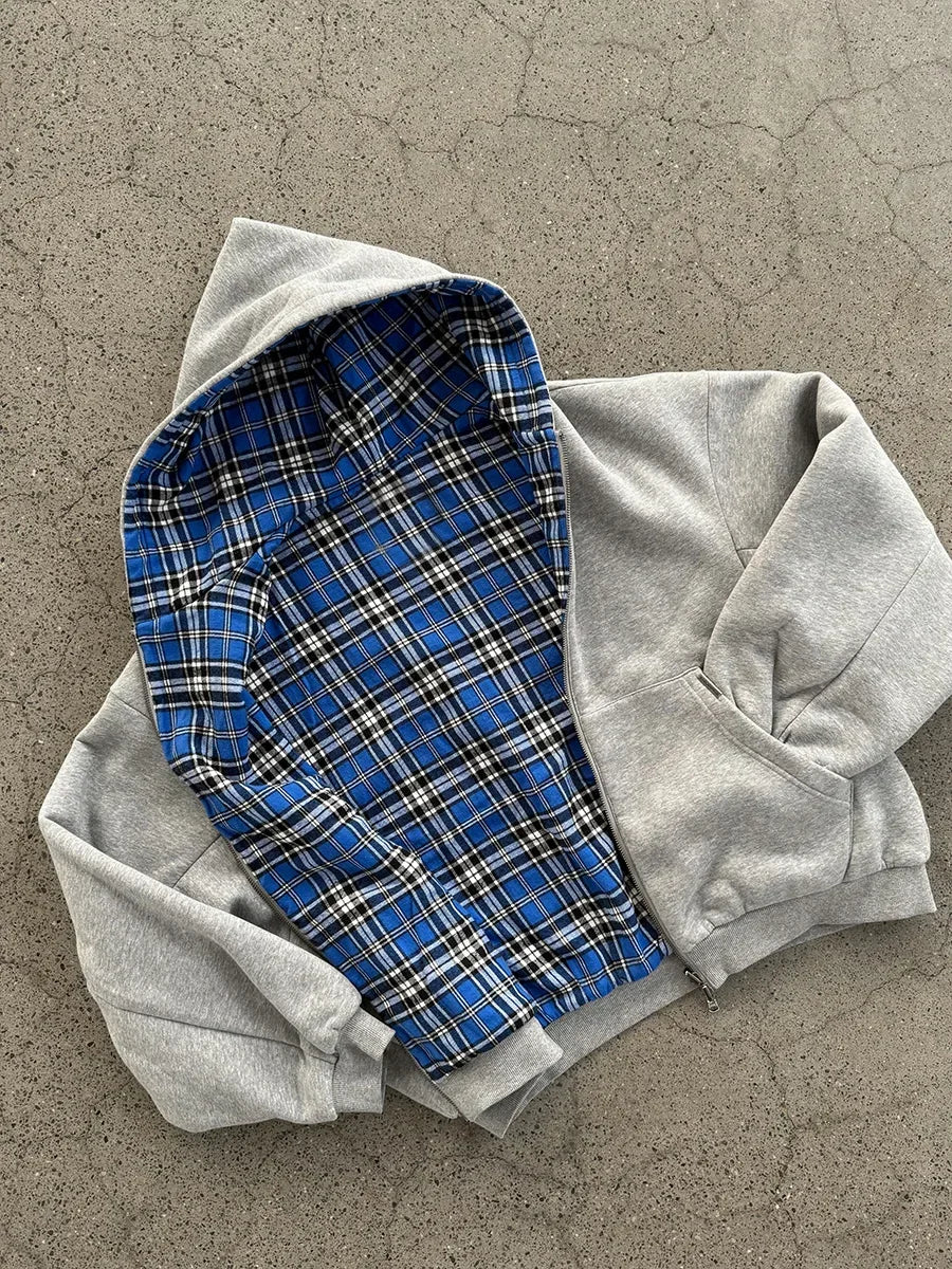 Oversized Reversible Hoodies Men Street Casual Spring Clothes Hoodie with Plaid Lining Solid Color Sweatshirt Streetwear