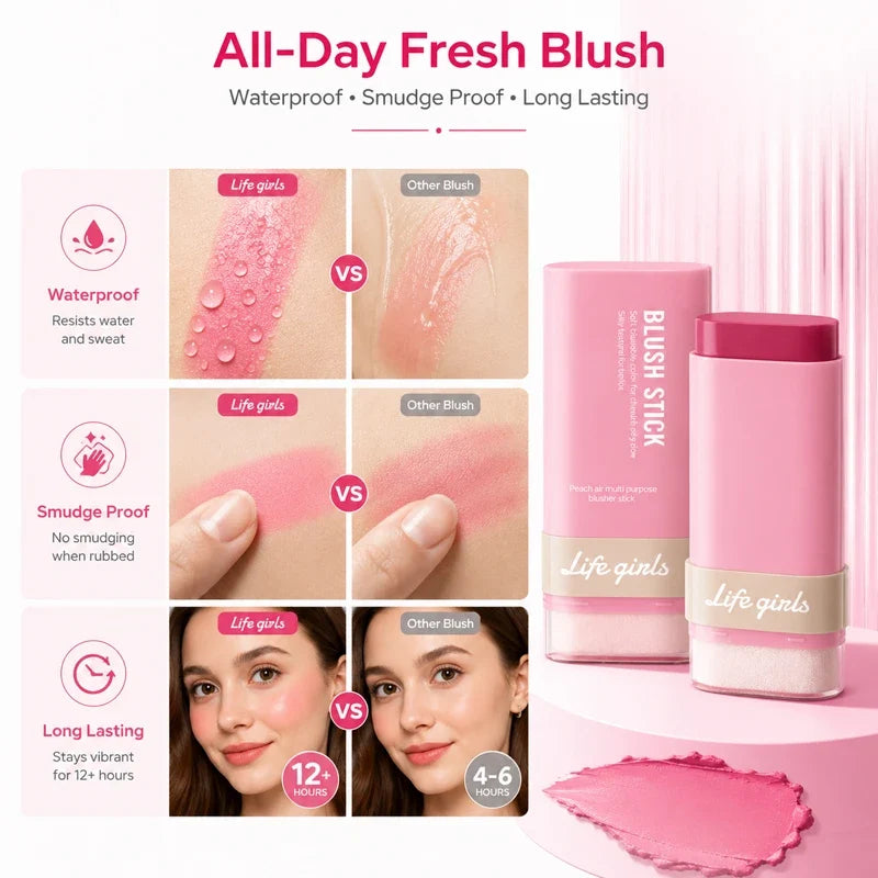 3-in-1 Cream Blush Stick Cheeks Lips Eyes, Long Lasting Waterproof Blendable Dewy Glow Makeup Stick for All Skin Tones
