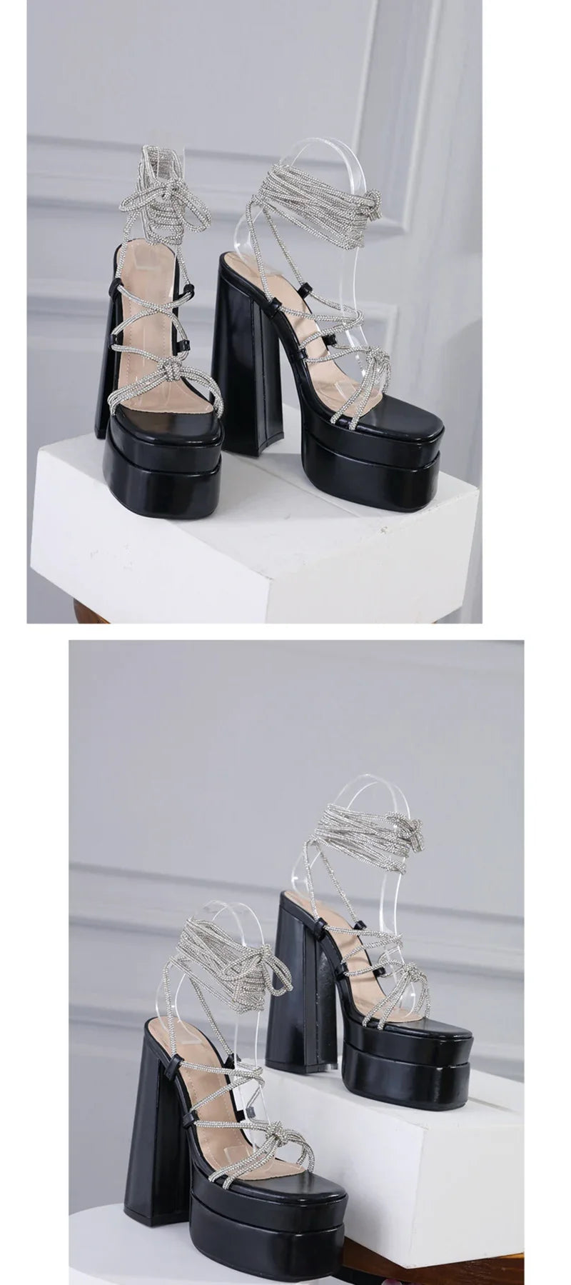 MM2025 New Arrival Rhinestone Embellished Knot T-Strap Heels Roman Peep-toe Summer Sandals Shiny Perfomance Anniversary Footwear