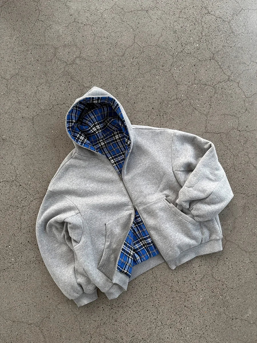 Oversized Reversible Hoodies Men Street Casual Spring Clothes Hoodie with Plaid Lining Solid Color Sweatshirt Streetwear