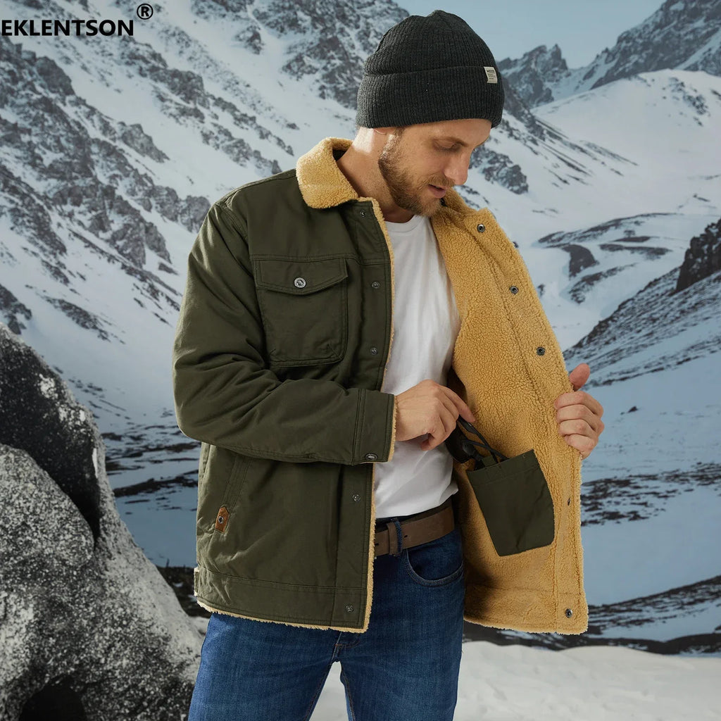 EKLENTSON Winter Fleece Hiking Jackets Men Thermal Windproof Coat Outdoor Thick Warm Cotton Cargo Work Jacket Travel Outerwear